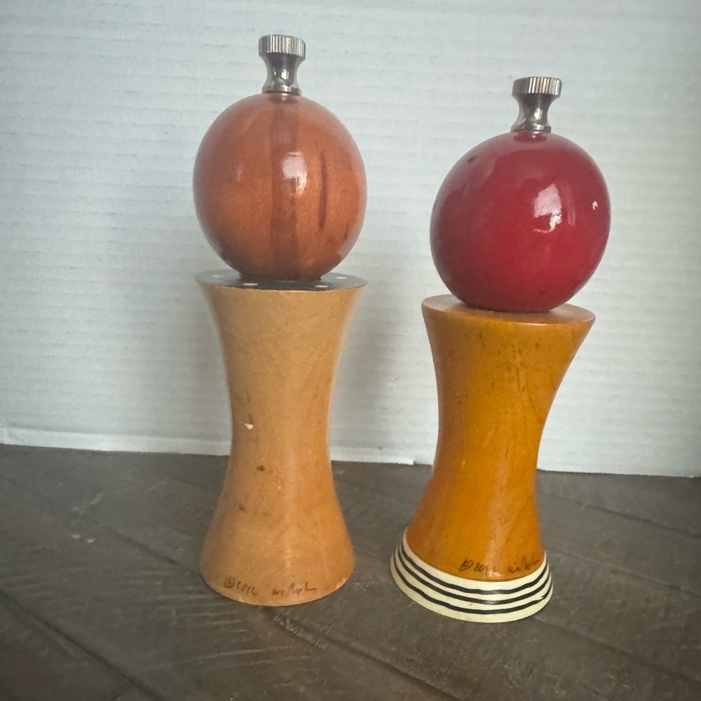 Vintage MCM SiGNED Wooden Salt and Pepper Shakers